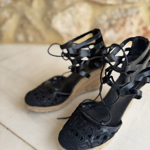 Black Wedge Espadrille Sandals lace-up, like new, size 39
