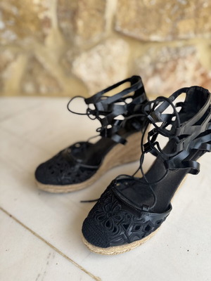 Black Wedge Espadrille Sandals lace-up, like new, size 39