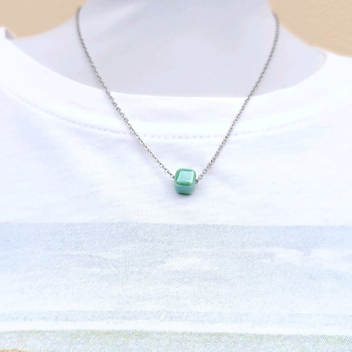 Steel chain necklace with light green ceramic cube bead pendant