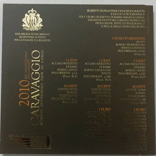 San Marino 2010 coin set and silver Caravaggio commemorative in blister new