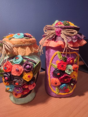 Set of 2 handmade decorative vases with embossed flowers