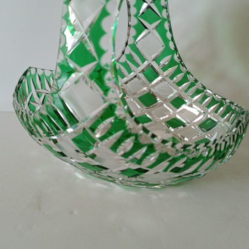 Vintage Bohemia crystal basket emerald green
