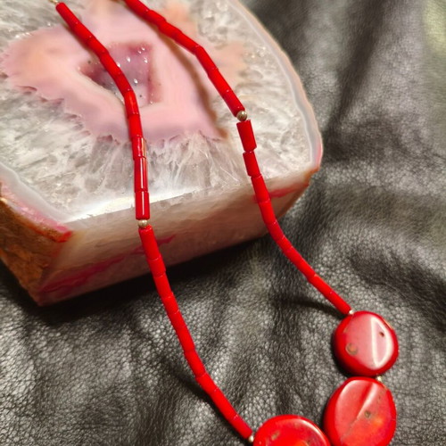 Handmade necklace with red coral and 925 silver, 50 cm