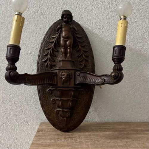 Antique vintage wooden wall sconce with cherub used