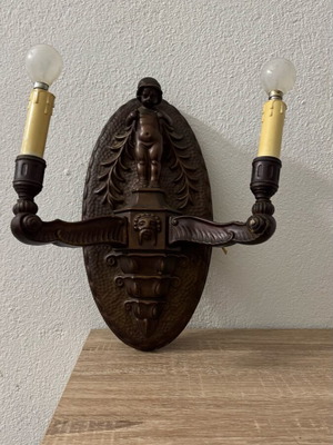 Antique vintage wooden wall sconce with cherub used