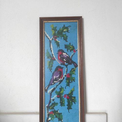 Embroidered paintings used, set of 5 with people, birds, flowers, ducks
