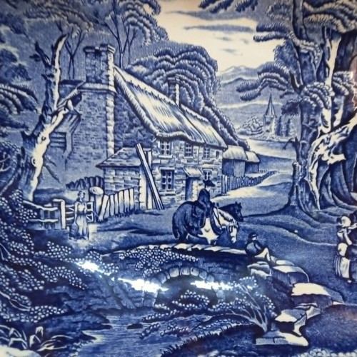 Old Foley Staffordshire cake plate by James Kent used, blue village scene