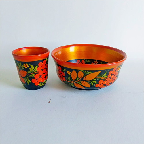 Vintage Khokhloma Hand-Painted Wooden Bowl and Cup Set like new