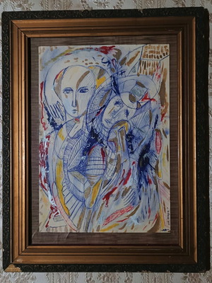 Outsider art painting "The Battle" in old carved wooden frame