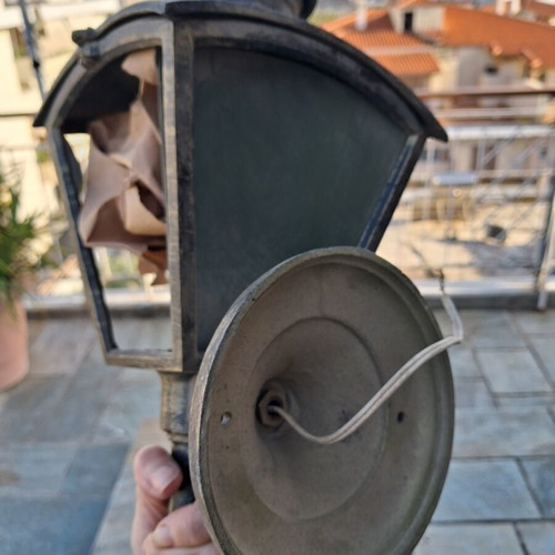 Outdoor wall lantern used, metal bronze patina with glass sides