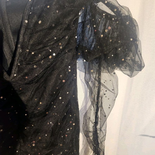Black evening dress with V neckline and sheer sleeves in very good condition