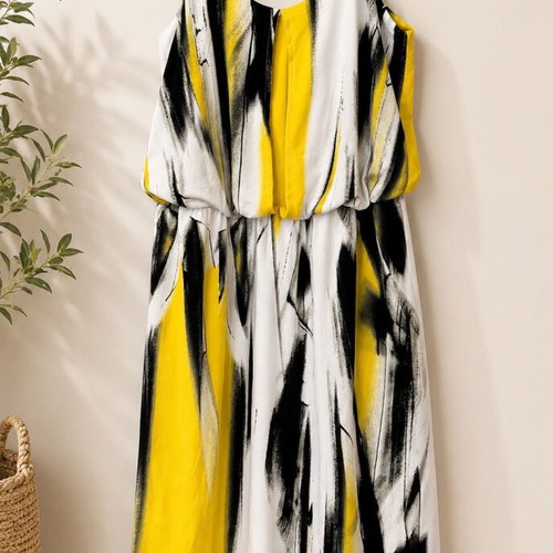Calvin Klein midi dress like new with black, white and yellow print, size S