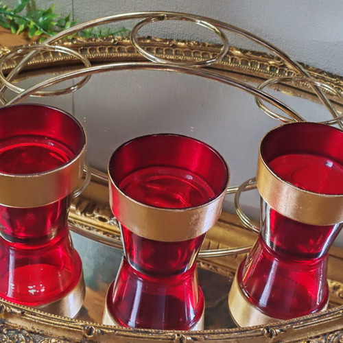 Vintage Carousel candle holder for 3 tealight candles, ruby glass and gold