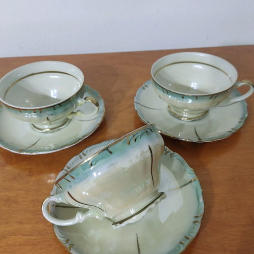 Porcelain cups like new, set of 3, with saucers, green shade