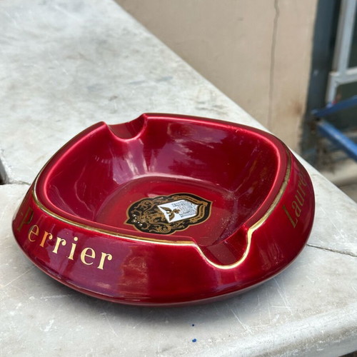 Laurent-Perrier ashtray used, red porcelain with gold details