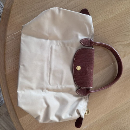 Longchamp Le Pliage handbag used, beige with brown leather details