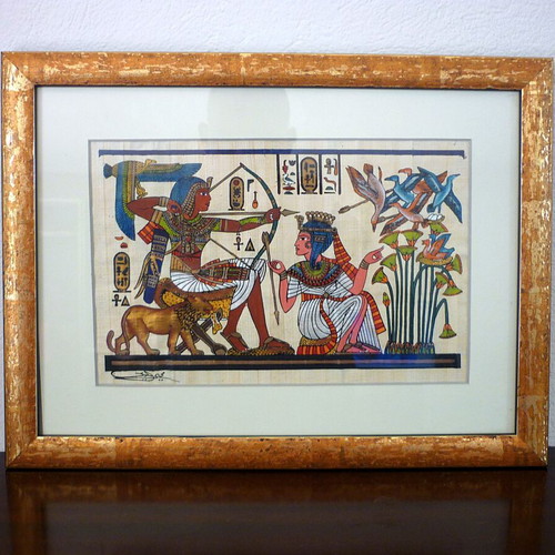 Egyptian papyrus new with painting in handmade wooden frame
