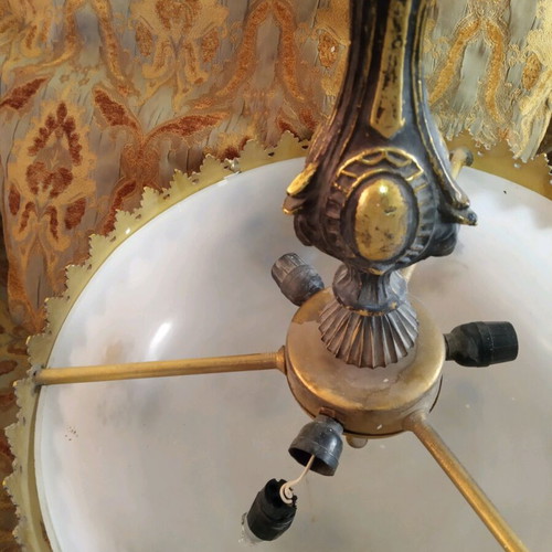 Opaline ceiling light used, three-light brass from 1960