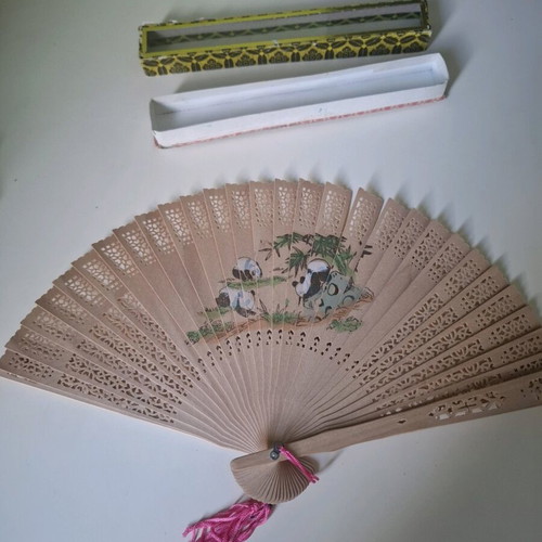 Wooden folding fan like new with panda decoration and box