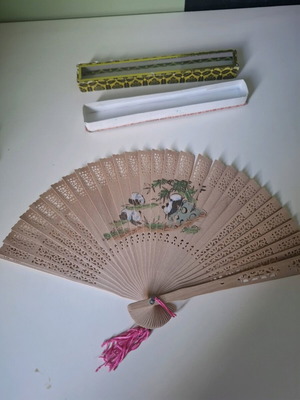 Wooden folding fan like new with panda decoration and box