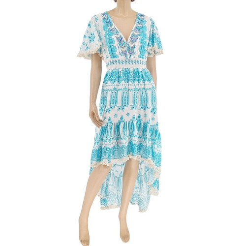 Long turquoise white dress new, 100% cotton with lace Positano