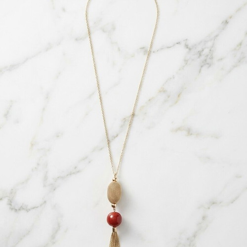 Long necklace with red bead and gold tassel new