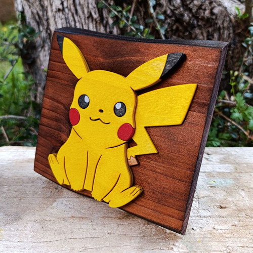 Handmade wooden Pikachu wall decor, Pokémon, 15x15 cm