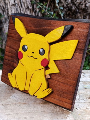 Handmade wooden Pikachu wall decor, Pokémon, 15x15 cm