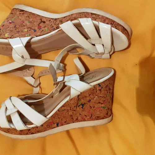 White wedge sandals like new with braided straps and cork sole