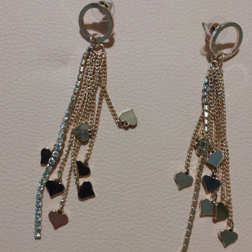 Dangling earrings with hearts and rhinestones like new, rose gold