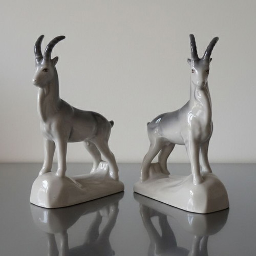 Vintage porcelain mountain goat figurines Polonne USSR set of 2 like new