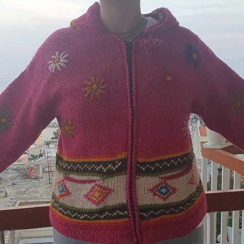 Handmade knitted wool cardigan pink multicolor like new