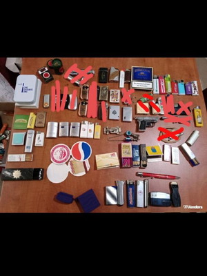 Lighters and matches used, set with 15 matchboxes and 55 lighters