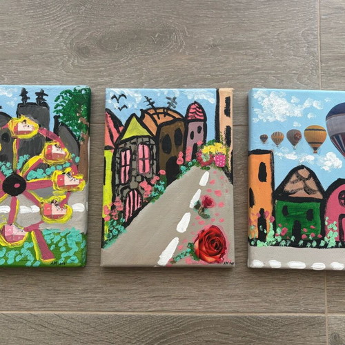 Painting triptych like new, combination of painting and collage