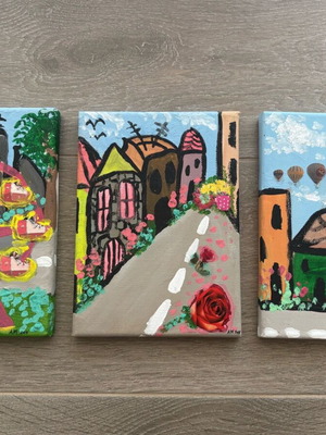 Painting triptych like new, combination of painting and collage