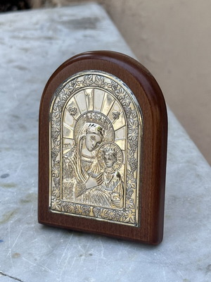 Silver Icon of Virgin Mary with Christ Janeros 925 on Wooden Base used