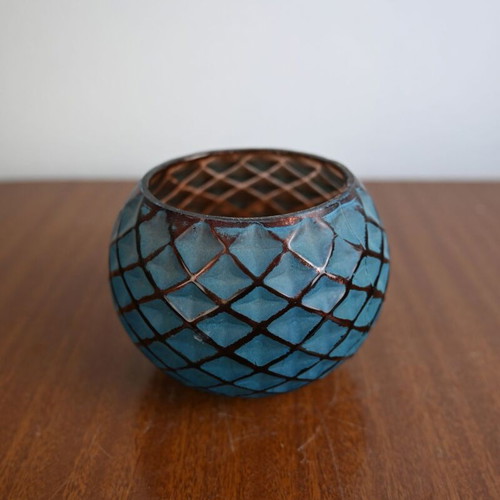 Glass decorative mosaic candle holder used, blue and copper tones