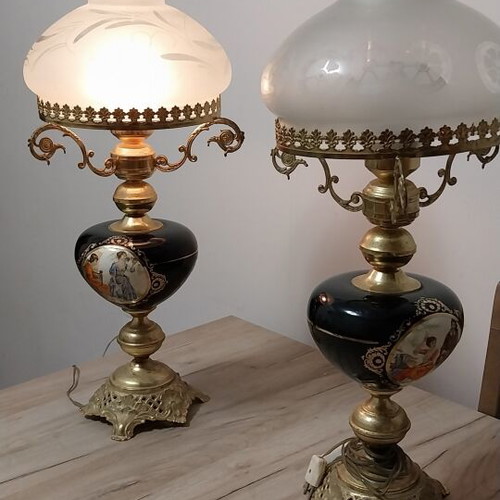 Vintage aluminum table lamps with handpainted designs, set of 2