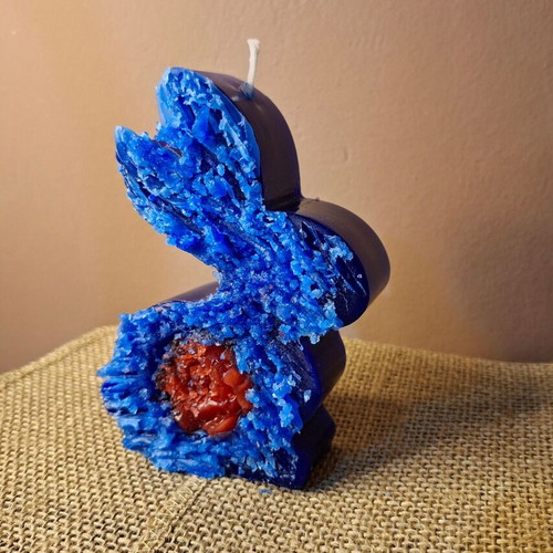 Handmade Geode Style Bunny Candle Blue with Crystalline Texture and Red Core New