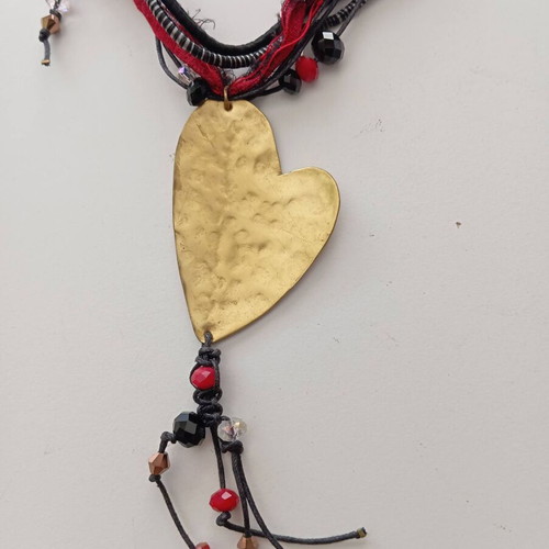 Handmade Boho Necklace with Large Bronze Heart and Silk Ribbons like new