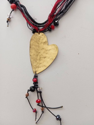 Handmade Boho Necklace with Large Bronze Heart and Silk Ribbons like new