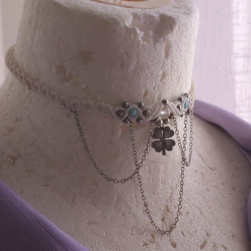 Handmade choker with steel elements, new, 32-37cm, white and silver