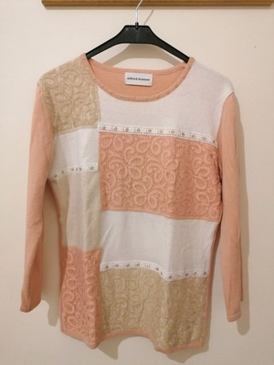 Alfred Dunner women's blouse used, size M/L, pink-beige-apple shades with lace patchwork