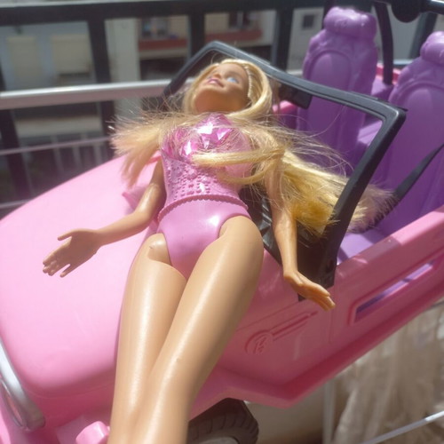 Barbie Princess Gem doll and pink jeep Mattel used set
