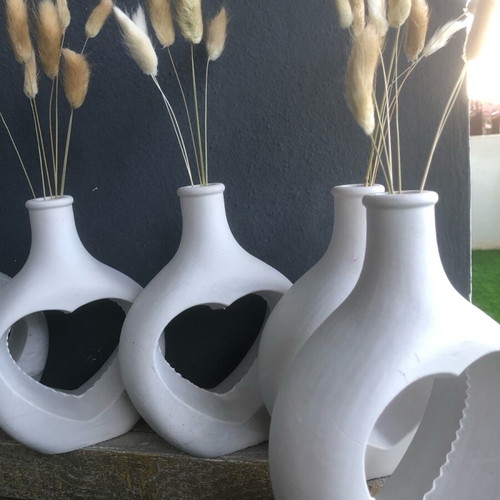Artistic plaster vase new, modern white matte with heart design