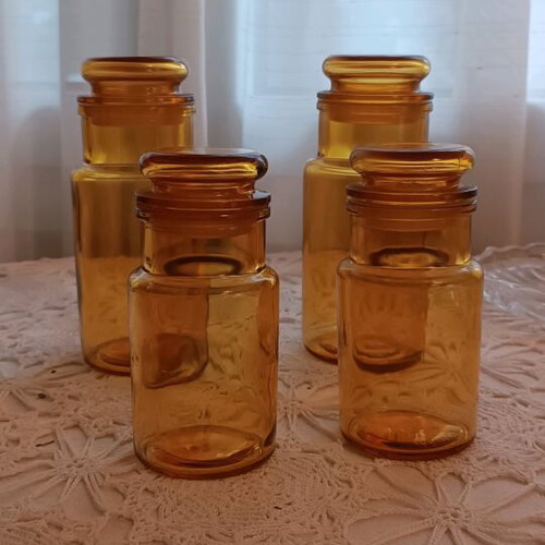 Vintage storage jars used, set of 2, amber glass