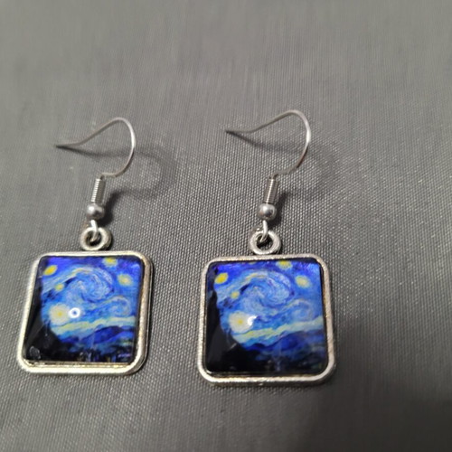 Starry Night earrings with Van Gogh art, surgical steel