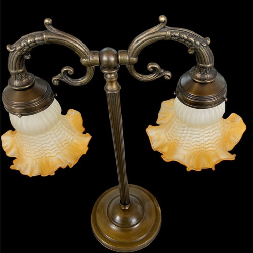 Bronze double lamp like new with vintage glass