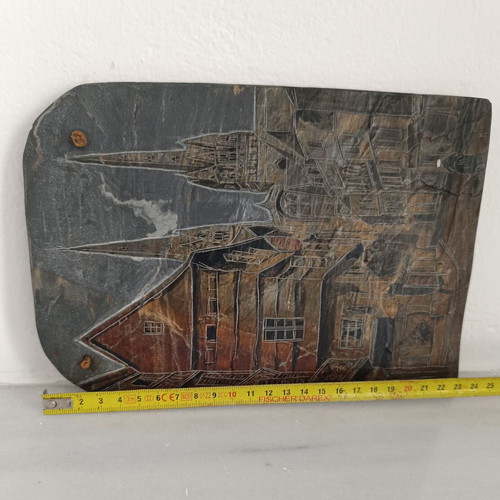 Decorative slate plaque with handmade engraving, French urban scene, like new