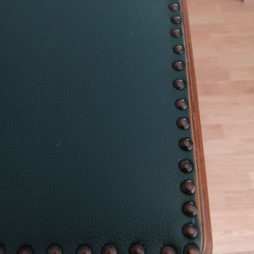 Vintage wooden desk used, walnut color with intact leather surface